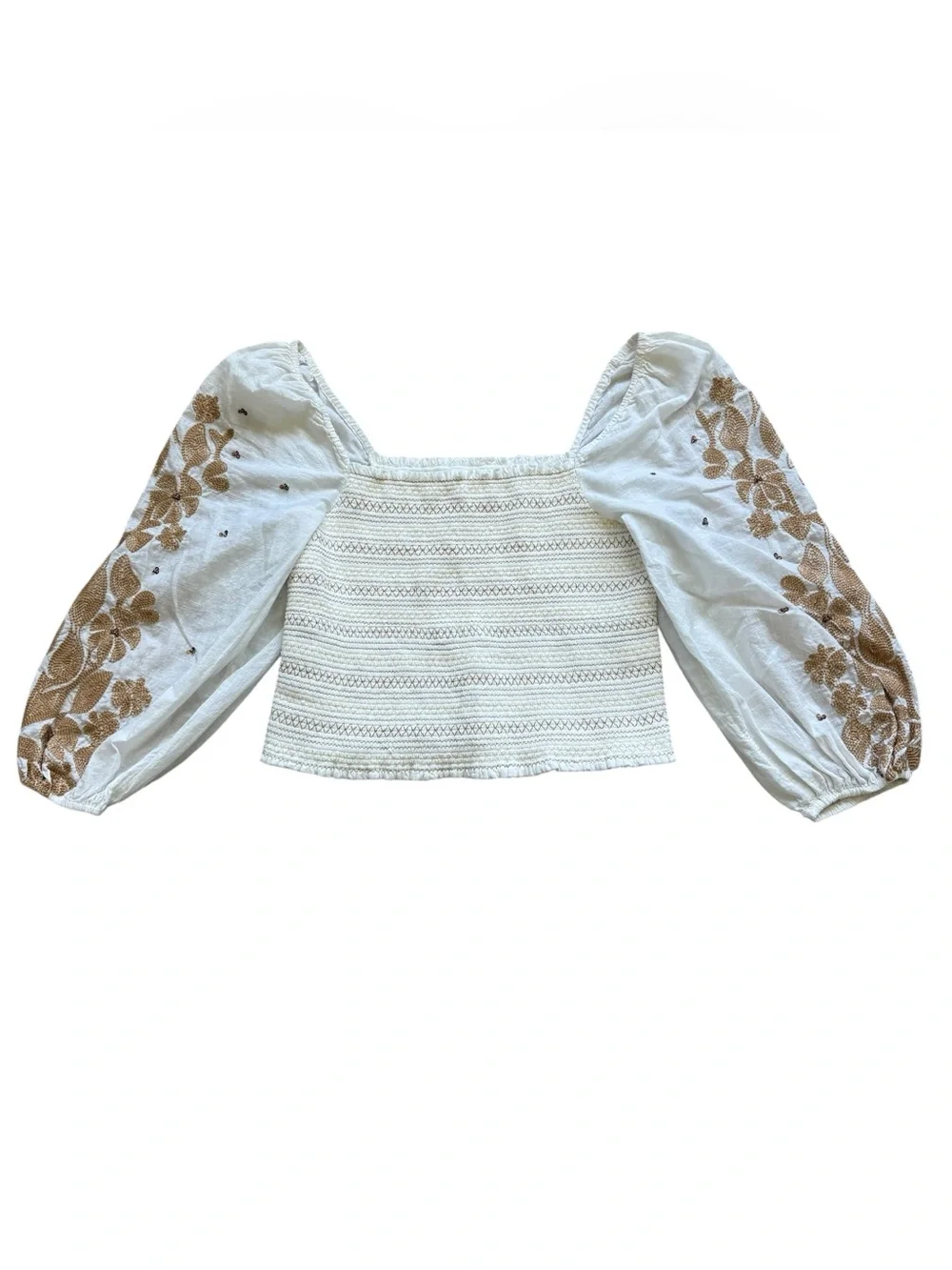 Anthropologie Embroidered Smocked Puff Sleeve Blouse M Petite Boho Romantic